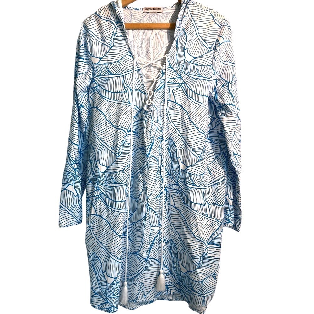 Anthropologie Charlie Holiday Beach Cover-up Hooded Tropical Floral Lace-up sz 6